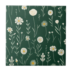 Elegantes Wildblumenmuster auf dunklem Grün Fliese