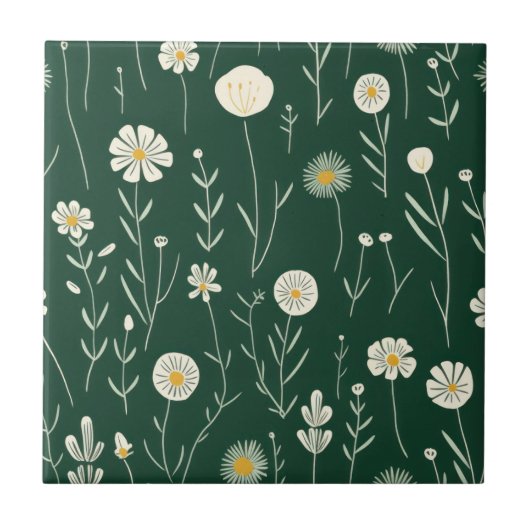 Elegantes Wildblumenmuster auf dunklem Grün Fliese (Vorderseite)