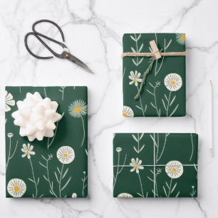 Elegantes Wildblumenmuster auf dunklem Grün  Geschenkpapier Set