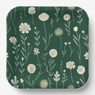 Elegantes Wildblumenmuster auf dunklem Grün Pappteller