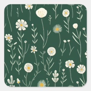 Elegantes Wildblumenmuster auf dunklem Grün  Quadratischer Aufkleber