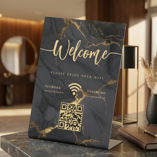 Elegantes Willkommensskript WIFI Agate Schwarzer M Sockelschild