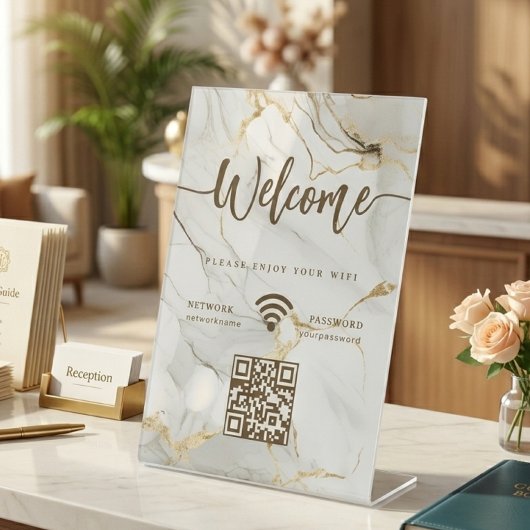 Elegantes Willkommensskript WIFI QR Code Achatmarm Sockelschild
