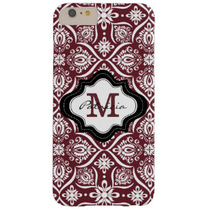 Elegantes Wine Red Damask Muster Custom Monogram[2 Barely There iPhone 6 Plus Hülle