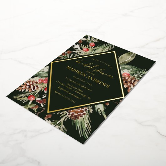 Elegantes Winter Evergreen Poinsettia Brautparty Folieneinladung (Gedreht)