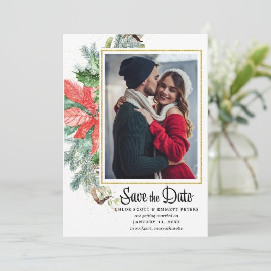 Elegantes Winter Floral Foto Save The Date (Stehend Vorderseite)