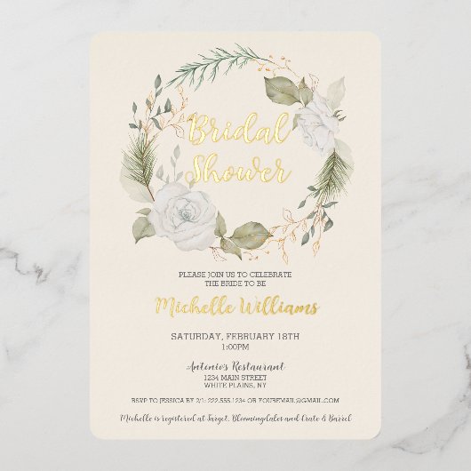 Elegantes Winter Floral Wreath Brautparty Folieneinladung (Vorderseite)