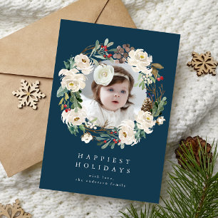 Elegantes Winter Floral Wreath Navy Foto Feiertagskarte