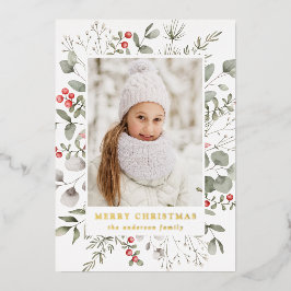 Elegantes Winter Foliage und Holly Berries Foto Folien Feiertagskarte