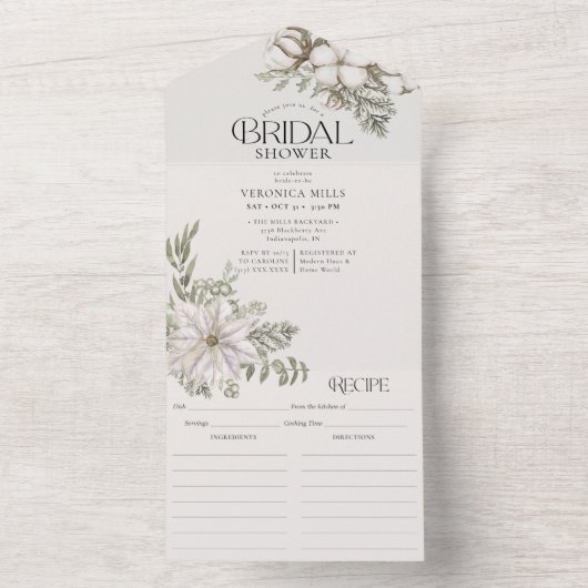 Elegantes Winter Greenery Brautparty & Rezept All In One Einladung (Innen Boden)