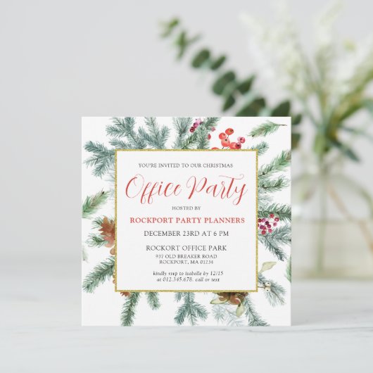 Elegantes Winter Greenery Weihnachtsbüro Party Einladung (Stehend Vorderseite)