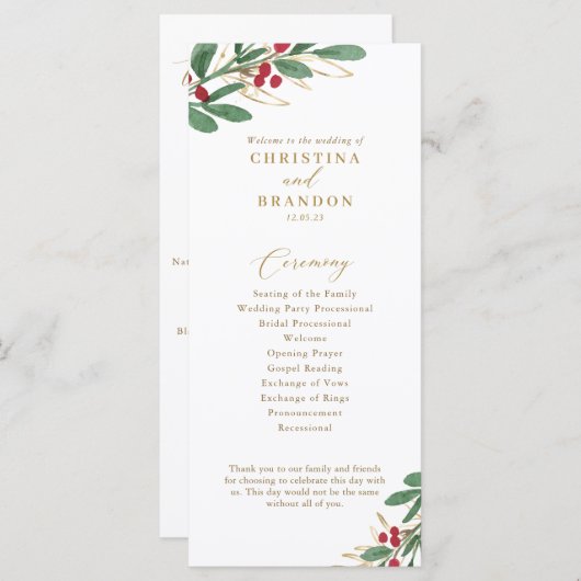 Elegantes Winter-Hochzeitsprogramm Menükarte (Vorne/Hinten)