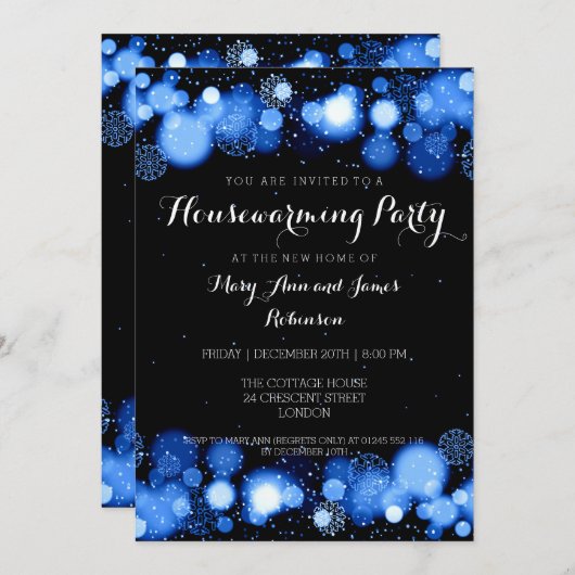 Elegantes Winter Housewarming Party Blau Einladung (Vorne/Hinten)