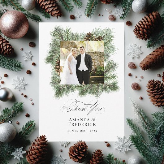 Elegantes Winter Pine Christmas Wedding Foto Dankeskarte