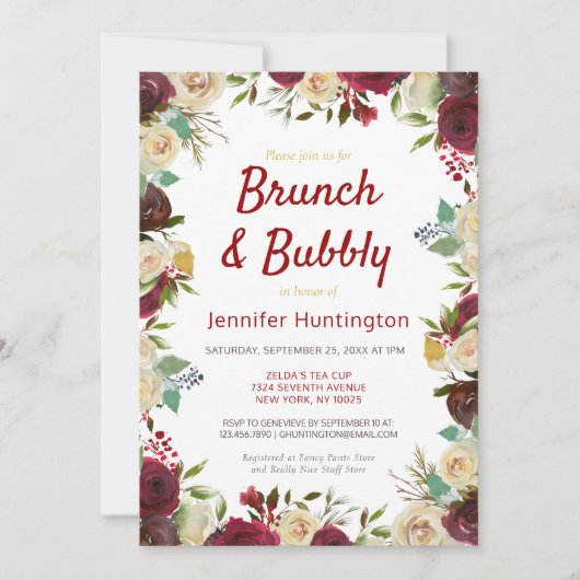 Elegantes Winter Rose Brunch & Bubbly Brautparty Einladung (Vorderseite)