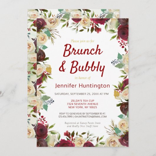 Elegantes Winter Rose Brunch & Bubbly Brautparty Einladung (Vorne/Hinten)