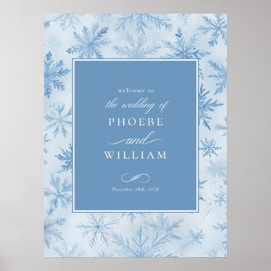Elegantes Winter Snowflake Periwinkle Wedding Sign Poster (Vorne)