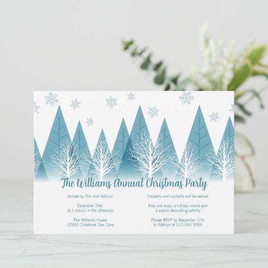 Elegantes Winter Trees Custom Blue Christmas Party Einladung (Stehend Vorderseite)