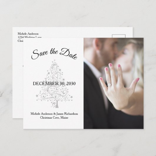 Elegantes Winter Wedding Foto Save the Date Ankündigungspostkarte (Vorne/Hinten)