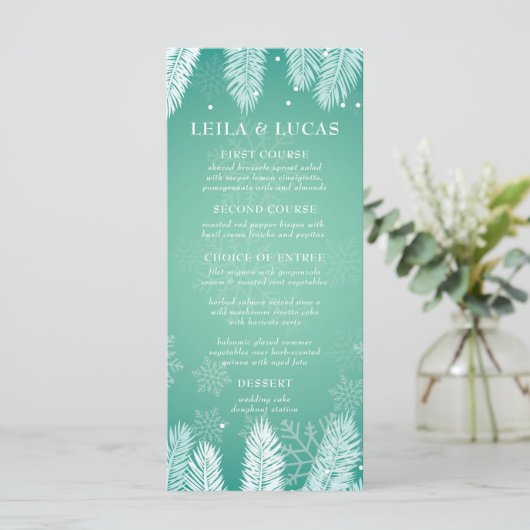 Elegantes Winter Wedding Menu Menükarte (Stehend Vorderseite)