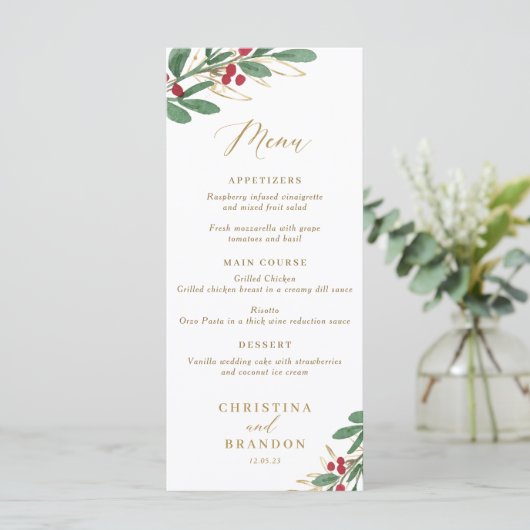 Elegantes Winter Wedding Menu oder Weihnachtsmenü Menükarte (Stehend Vorderseite)