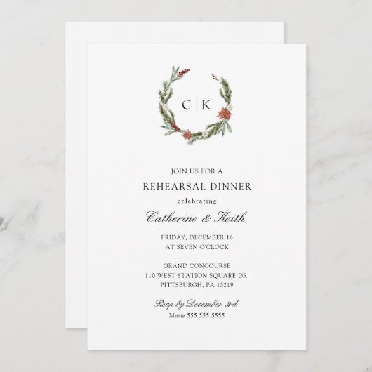 Elegantes Winter Wedding Probe Dinner Einladung (Vorne/Hinten)