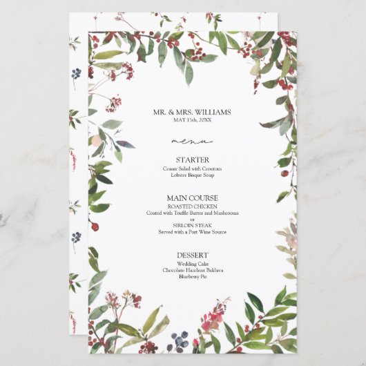 Elegantes Winter Wildblume Berry Wedding Menu (Vorne/Hinten)