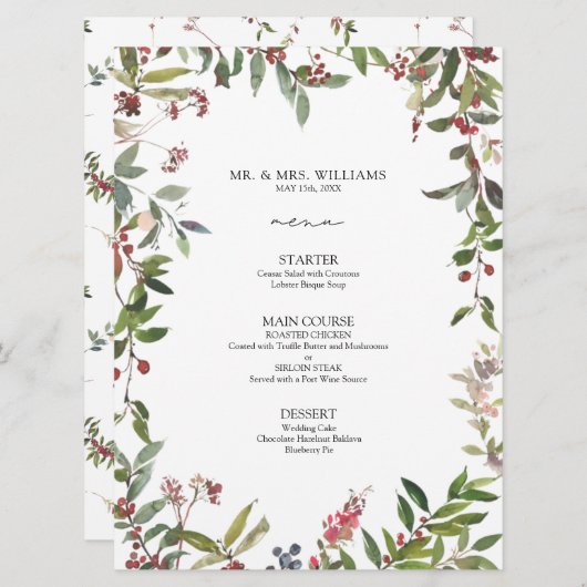 Elegantes Winter Wildblume Berry Wedding Menu Menükarte (Vorne/Hinten)