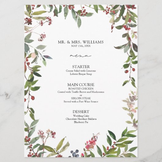 Elegantes Winter Wildblume Berry Wedding Menu Menükarte (Vorderseite)