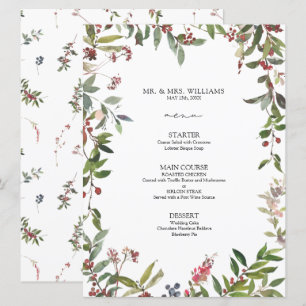 Elegantes Winter Wildblume Berry Wedding Menu Menükarte