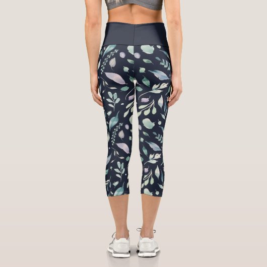 elegantes winterblaues Blattwerk Capri Leggings (Rückseite)