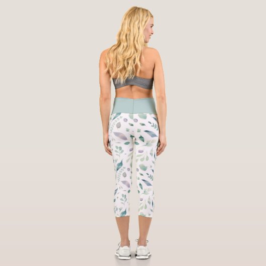 elegantes winterblaues Blattwerk Capri Leggings (Rückseite)