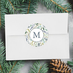 Elegantes Winterlaub-Feiertags-Monogramm Runder Aufkleber