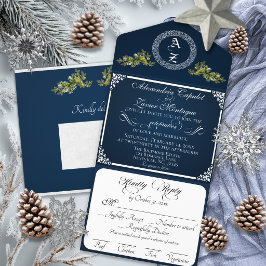 Elegantes winterliches botanisches Monogramm - Bla All-in-One-Einladung