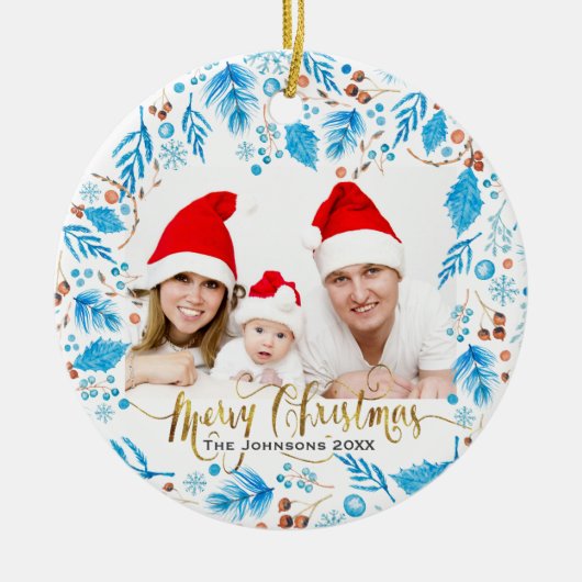 Elegantes Wintermuster individuelles Foto Weihnach Keramik Ornament (Vorne)