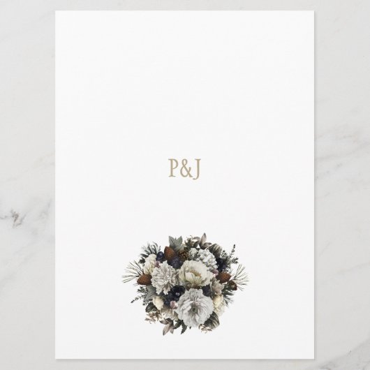 Elegantes Winterpeonies und Hochzeitsmenü aus Blat Menükarte (Rückseite)