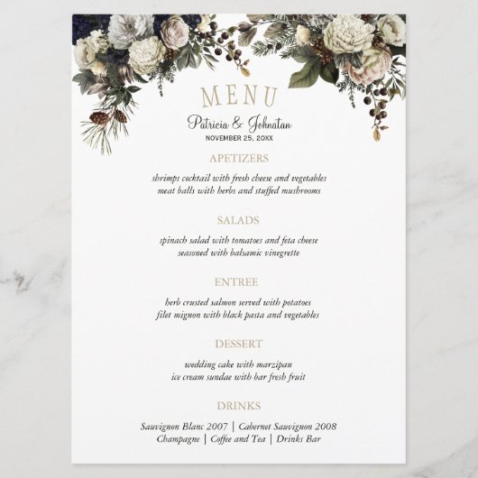 Elegantes Winterpeonies und Hochzeitsmenü aus Blat Menükarte (Vorderseite)