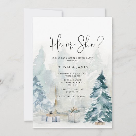 Elegantes Winterwaldgeschlecht offenbart Er oder s Einladung (Vorderseite)