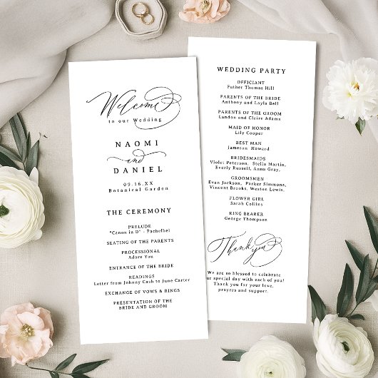Elegantes Wirbel-Script Einfaches Hochzeitsprogram Menükarte