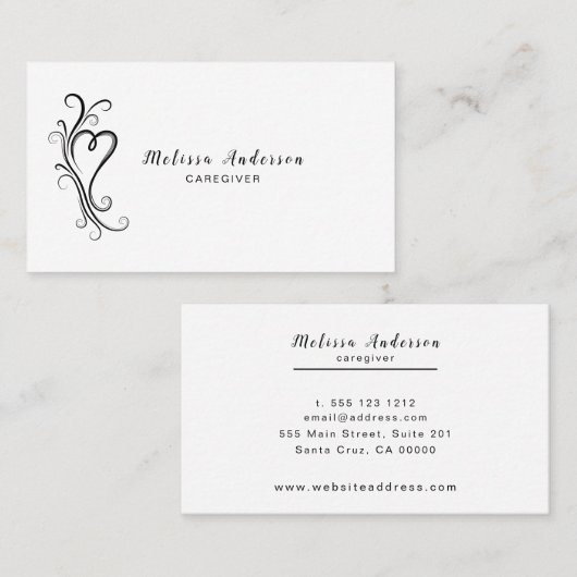 Elegantes, wirbelndes Herz Schwarz und Weiß Visitenkarte (Vorne/Hinten)
