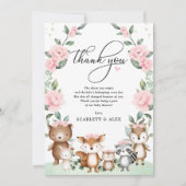 Elegantes Woodland Tiere Rosa Blush Floral Baby Dankeskarte (Vorderseite)