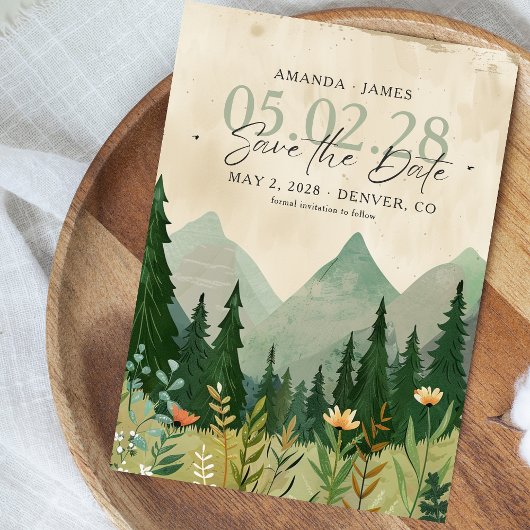 Elegantes Woodland und Gebirge Save the Date Einladung
