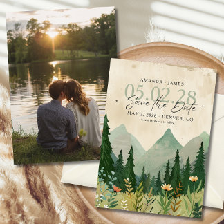 Elegantes Woodland und Mountain Foto Save the Date Einladung