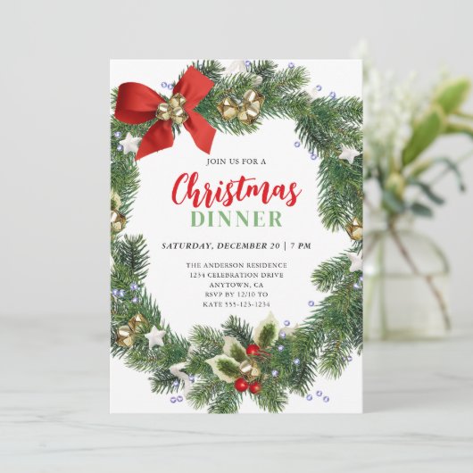 Elegantes Wreath Christmas Dinner Party Einladung (Stehend Vorderseite)