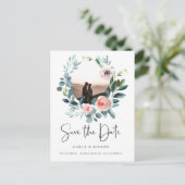 Elegantes Wreath-Foto Save the Date Ankündigungspostkarte (Stehend Vorderseite)