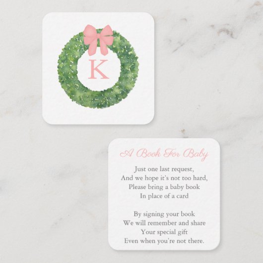 Elegantes Wreath Pink Bow Baby Shower Book for Bab Begleitkarte (Vorne/Hinten)