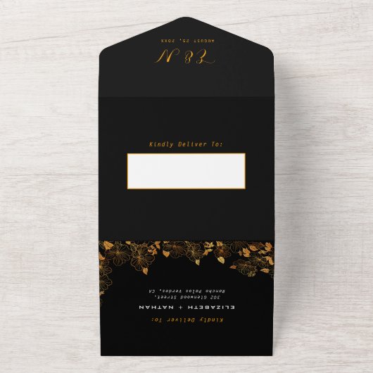 Elegantes, wunderschönes Schwarz-Gold-Blätter All In One Einladung (Außenbereich)