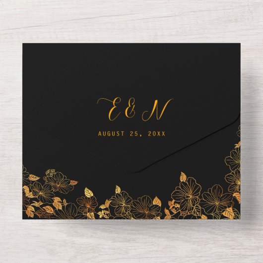 Elegantes, wunderschönes Schwarz-Gold-Blätter All In One Einladung (Rückseite)