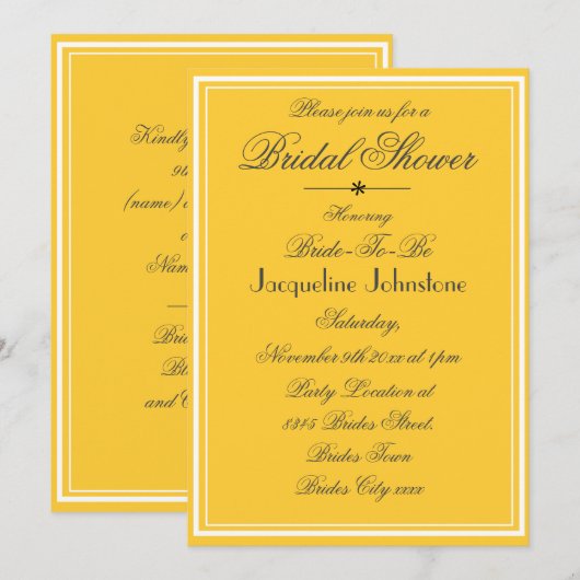 Elegantes Yellow Chic Classy Script-Brautparty Einladung (Vorne/Hinten)