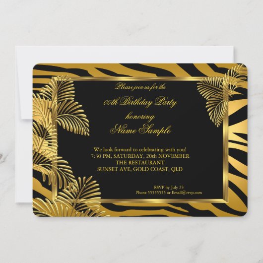Elegantes Zebra Black Gold Golden Palm Party Einladung (Vorderseite)